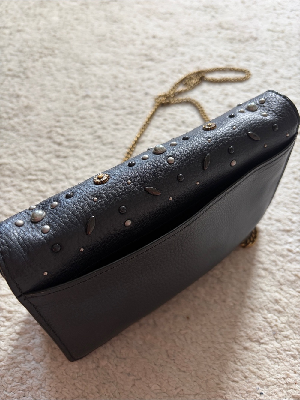 Coach Navy Leather Crossbody with Pearl & Stud Accents and Gold Chain - Picture 3 of 3